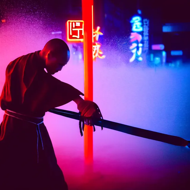 Image similar to cyber monk water dance slashing sword water, detailed bushido form water, fighting stance energy, shibuya prefecture, cinematic neon uplighting, fog mist smoke, photorealistic, night photography by tomino - sama