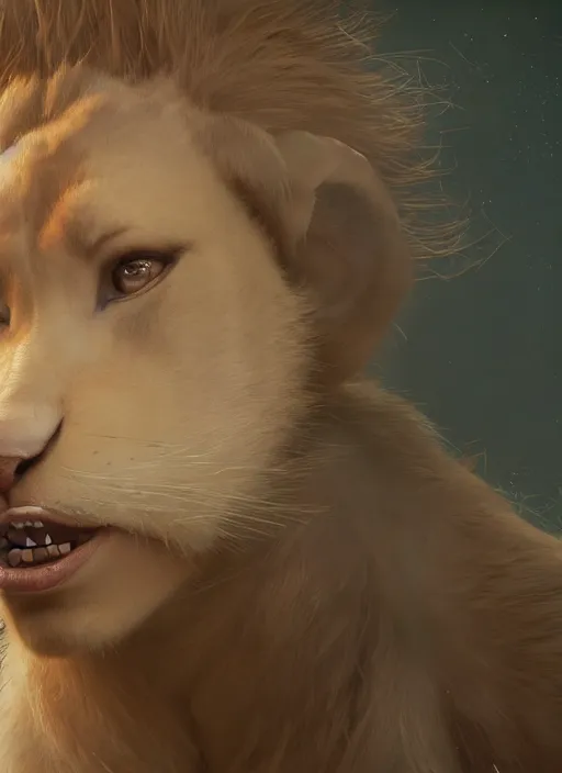 Prompt: a beautiful portrait of scarlett johansson as anthropomorphic lioness. character design by cory loftis, fenghua zhong, ryohei hase, ismail inceoglu and ruan jia. volumetric light, detailed, rendered in octane