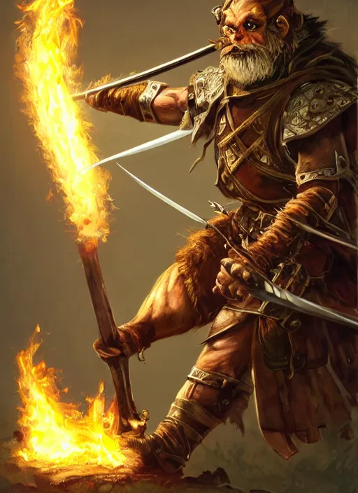 Image similar to photorealistic bugbear ranger holding sword on fire, magic, black beard, dungeons and dragons, pathfinder, roleplaying game art, hunters gear, jeweled ornate leather and steel armour, concept art, character design on white background, by sargent, norman rockwell, makoto shinkai, kim jung giu, artstation trending, poster art, colours red