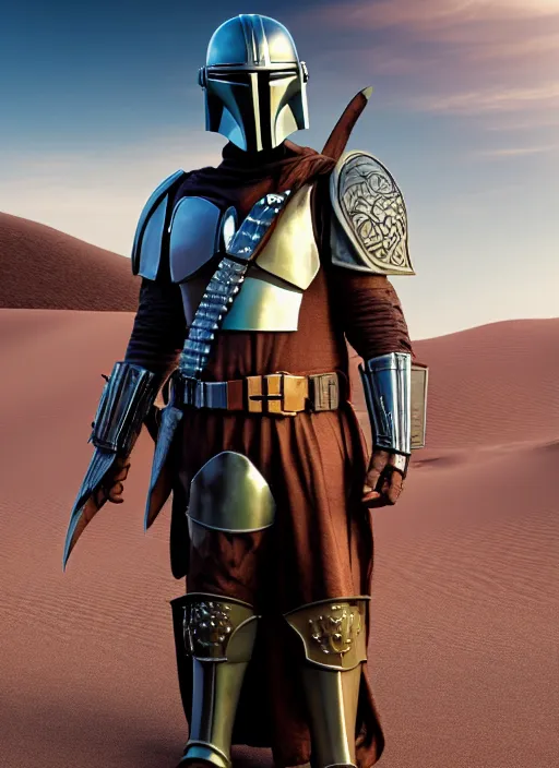 Image similar to Mandalorian as a medieval knight in intricate armor, ornate filigree armor, desert dunes, sunset clouds, sun glowing behind head, hypermaximalist, fantasy character concept, dynamic lighting, blurry, hyperrealism 8k