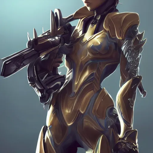 Image similar to highly detailed exquisite fanart, of female warframe, elegant pose, holding a kitgun, epic cinematic shot, DeviantArt, high quality artstation