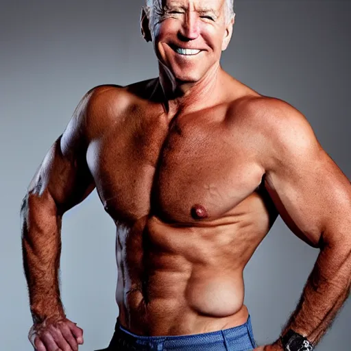 Prompt: a professional photo shoot, of a shirtless, muscular, sexy, handsome joe biden