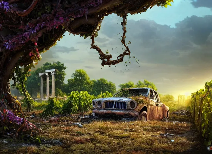 Image similar to a tree growing on a scrap car in ancient greek ruins, gray wasteland, many scrap cars, overgrown, pillars and arches, colorful flowers, vines, hyperrealistic, highly detailed, cinematic, ray of golden sunlight, beautiful, cgsociety, artstation, 8 k, pixar style by tristan eaton, artgerm, tom bagshaw