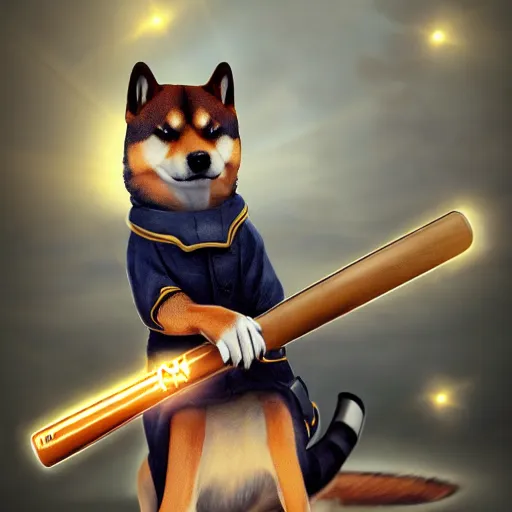 Prompt: shiba inu wearing a police uniform, holding a baseball bat, character design, highly detailed digital art, atmosphere, glow, lens flare, cinematic lightning, hyperrealistic, focused, extreme details, 4 k, ultra detailed, trending on artstation, masterpiece, digital art.