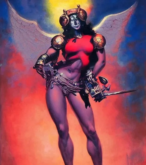 Image similar to portrait of junoesque iranian female chaos angel, beautiful! coherent! by frank frazetta, by brom, strong line, vivid neon color, shining metal power armor, iron helm, high contrast, maximalist