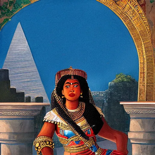 Prompt: a fijian queen looks down on her city from the palace balcony, fantasy art on an egyptian wall