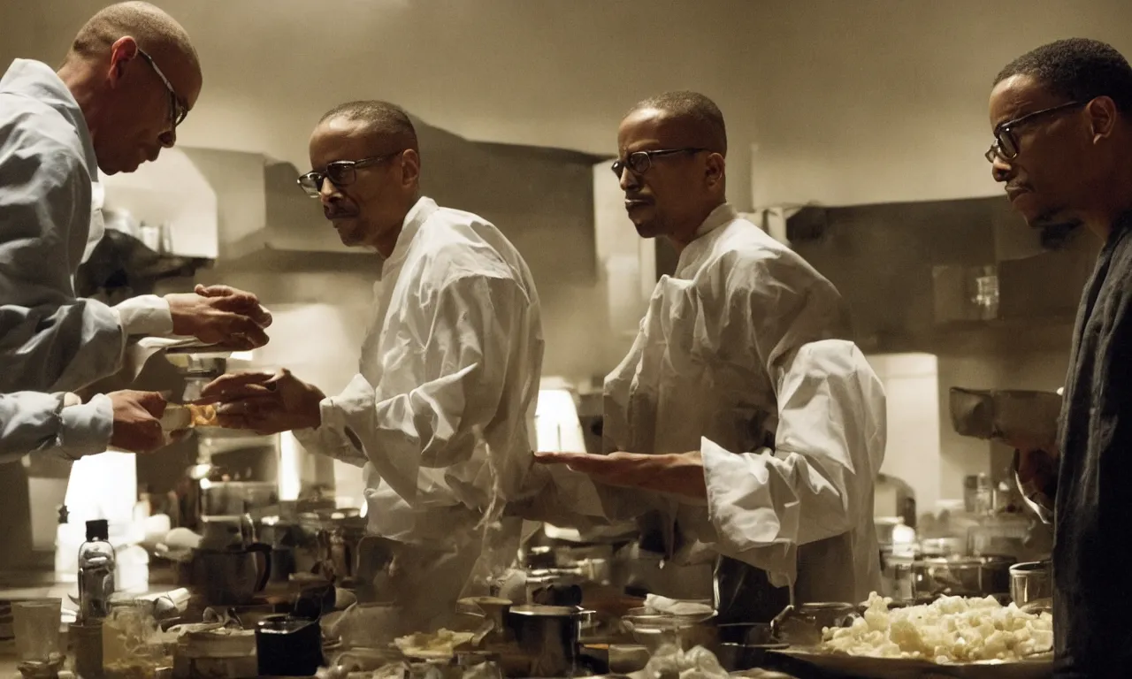 Prompt: a jesse pinkman cook gus fring head soup for walter white, a still shot from breakingbad