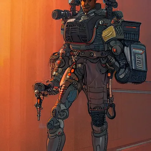 Image similar to cyberpunk mechanic dude with robotic legs. orange and black color scheme. concept art by james gurney and mœbius. apex legends character art