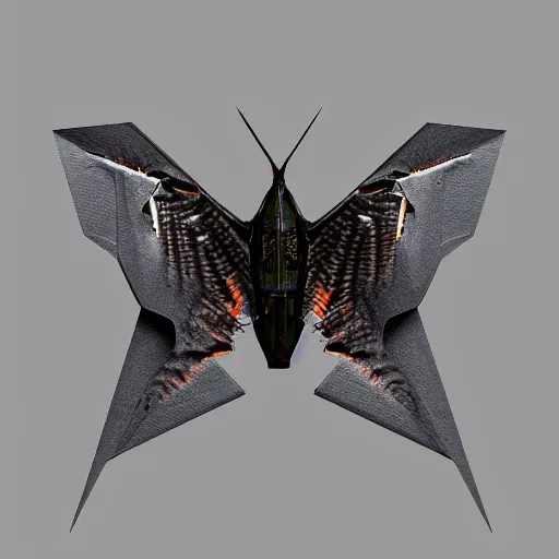 Image similar to a mechanized atlas moth, gunmetal grey, very symmetrical, orthographic view, top down view, bottom view, side view, blueprints, mecha, lockheed martin f - 3 5 lightning ii, fighter jet, cybernetic, robotic, highly detailed, artstation, autodesk maya, super realistic, unreal engine