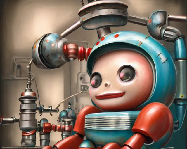 Image similar to closeup profile portrait of a 1 9 5 0 s tin toy robot factory, nicoletta ceccoli, mark ryden, lostfish, max fleischer, hyper realistic, artstation, illustration, digital paint, matte paint, vivid colors, bright, cheerful, detailed and intricate environment