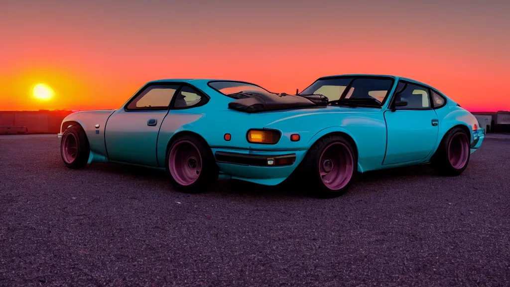 Prompt: neon synthwave datsun 4 2 0 z, at sunset, 8 k. filling most of the view