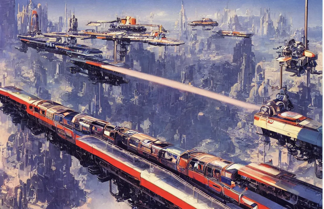 Image similar to a retro futurism elevated railway on colonized planet by robert mccall and john berkey | ralph mcquarrie :. 5