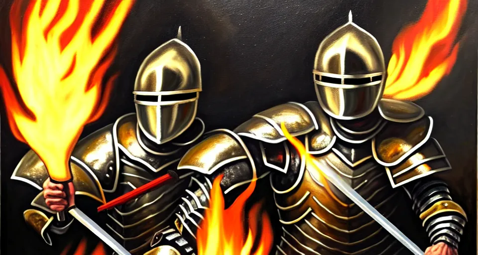 Image similar to An oil painting of a knight in dark metal armor wielding a flaming sword