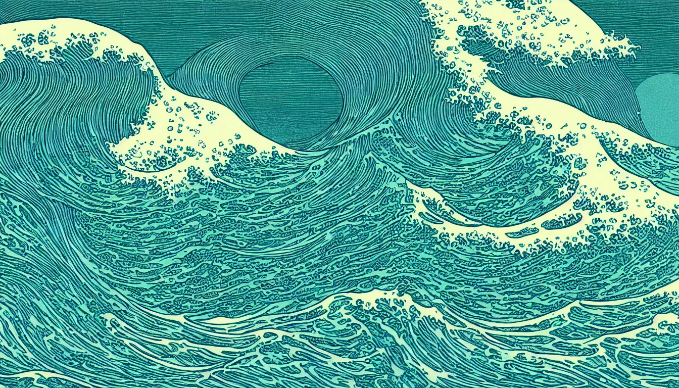 Prompt: ocean wave, land in sight by Kilian Eng, minimalist, detailed, woodblock print