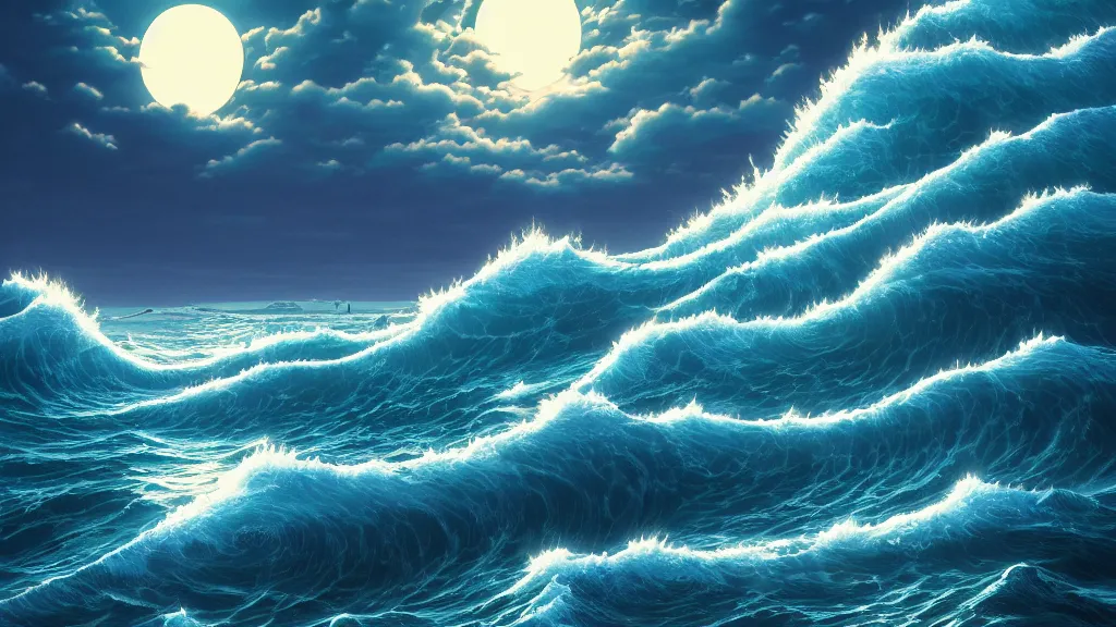 Prompt: highly detailed illustration of high exposure ocean waves at night by makoto shinkai, by oliver vernon, by joseph moncada, by damon soule, by manabu ikeda, by kyle hotz, by dan mumford, by otomo, 4 k resolution