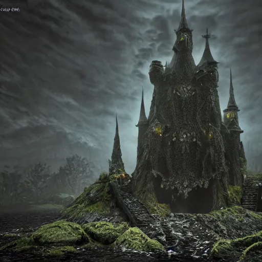 Image similar to full body pose, hyperrealistic photograph of the black castle of rotbog swamp, dim volumetric lighting, 8 k, octane beautifully detailed render, extremely hyper detailed, intricate, epic composition, cinematic lighting, masterpiece, trending on artstation, very very detailed, stunning, hdr, smooth, sharp focus, high resolution, award, winning photo, dslr, 5 0 mm