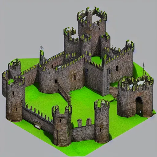 Image similar to medieval castle in a jungle, 3 d, isometric, courtyard, very low poly