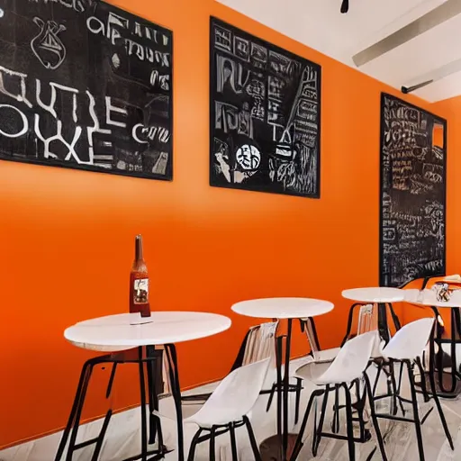 Image similar to a modern coffee shop interior, with orange walls, the entire coffee shop is designed after foxes, realistic photo