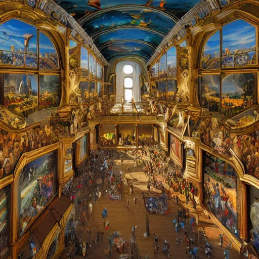 Prompt: a museum filled with incredible amazing giant beautiful murals on the walls and ceilings, unique architecture, multiple levels, tall ceilings, crowded with dozens of visitors, bright sunny day, digital painting, highly detailed, dynamic, 4k photo, realistic, gigapixel