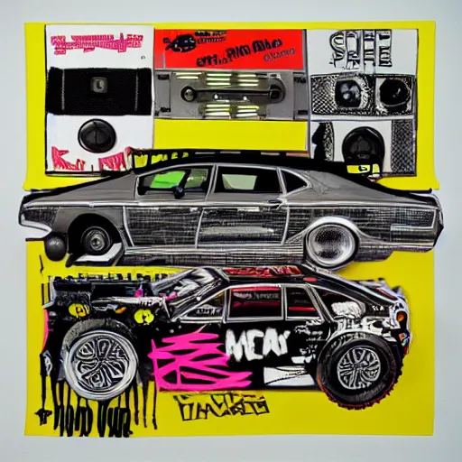 Prompt: sportscar made out of punk album art sleeves, 3 5 mm film