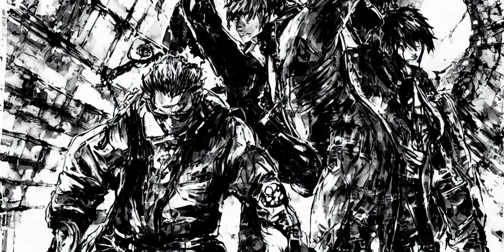 Image similar to a full - body portrait of denji from chainsaw man, in yoji shinkawa's art style, in a graveyard as a background, metal gear solid art style, manga, highly detailed, 4 k, artistic, b & w