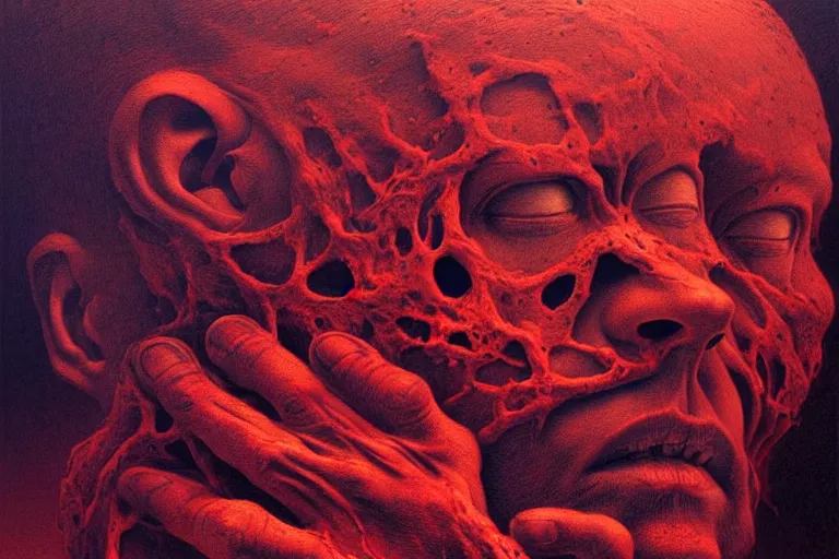 Image similar to head of a man falling apart, in the style of beksinski, intricate and epic composition, red by caravaggio, insanely quality, highly detailed, masterpiece, purple light, artstation, 4 k