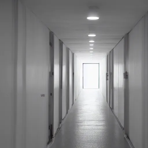 Prompt: a very long featureless white hallway with a single red door at the end, liminal space,