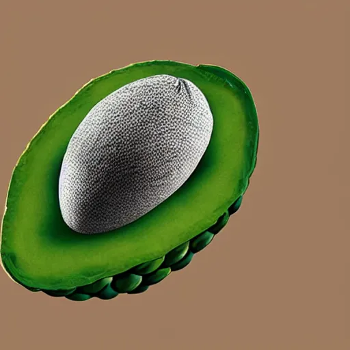 Image similar to an armchair in the shape of an avocado, flying in space