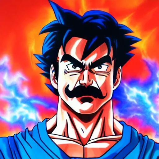 Image similar to ultra realistic portrait painting of tom selleck as goku, art by akira toriyama, 4 k, dragon ball artstyle, cel shaded, highly detailed, epic lighting