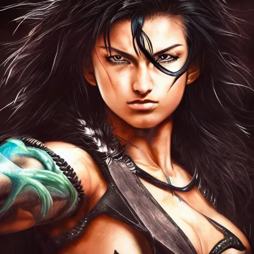 Image similar to warrior girl, muscular girl, wild spiky black saiyan hair, long spiky hair, electrified hair, scimitar, ultra realistic, intricate details, highly detailed, subsurface scattering, photorealistic, octane render, 8 k, art by artgerm, greg rutkowski, magali villeneuve, alphonse mucha