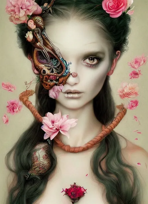 Image similar to pop surrealism, lowbrow art, realistic seductive cute woman painting, body harness, japanese shibari with flowers, hyper realism, muted colours, rococo, natalie shau, loreta lux, tom bagshaw, mark ryden, trevor brown style,