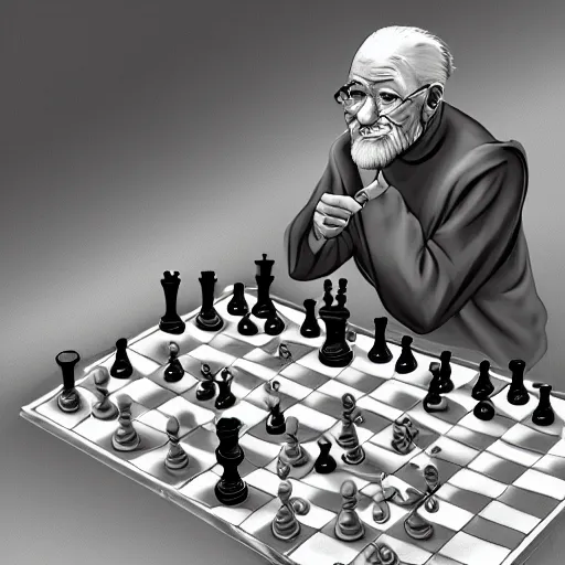 Prompt: an old man playing chess, digital art by Max Grecke