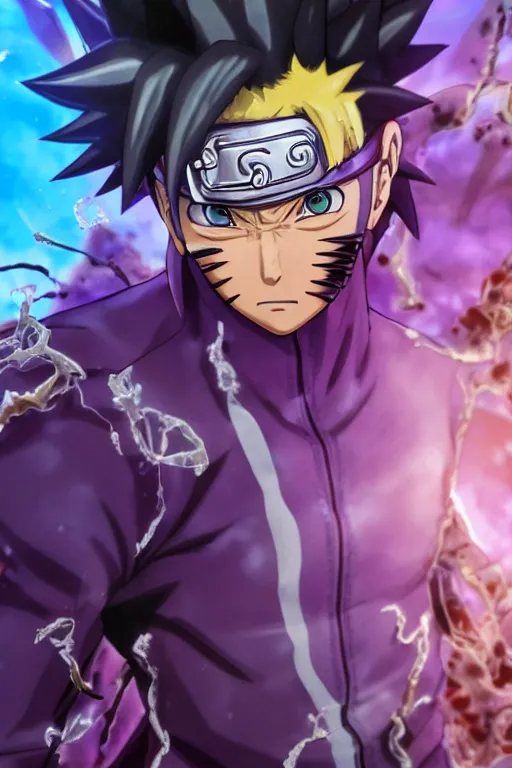 Image similar to close up of a naruto in smooth purple ninja uniform, blue spiked hair, muscular, intense, dramatic pose body of an ultrafine hyperdetailed illustration by kim jung gi, irakli nadar, intricate linework, sharp focus, bright colors, octopath traveler, final fantasy, unreal engine 5, global illumination, radiant light.