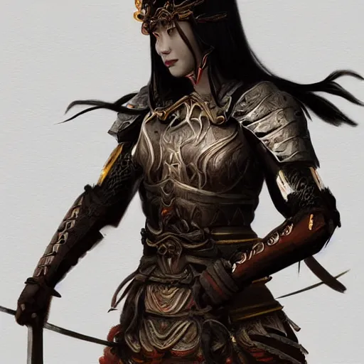 Image similar to Beautiful full body matte painting of a beautiful warrior woman wearing Ming Dynasty armor fighting a Ninja, concept art, artstation