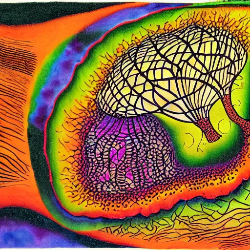 Image similar to detailed drawing of a white oyster mushroom fruiting from a tree trunk, psychedelic colors, tye dye, escher, dali