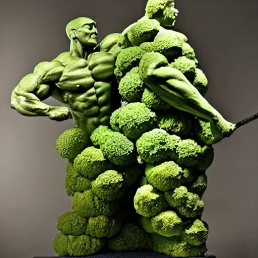 Prompt: sculpture of a bodybuilder made entirely from fresh broccoli by antoni gaudi