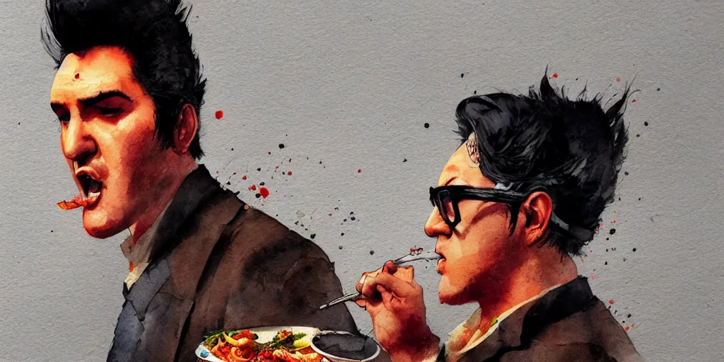 Prompt: cartoonish elvis costello eating dinner, vivid colors, character sheet, fine details, concept design, contrast, kim jung gi, greg rutkowski, watercolor, trending on artstation, 8 k, full body, turnaround, front view, back view, ultra wide angle