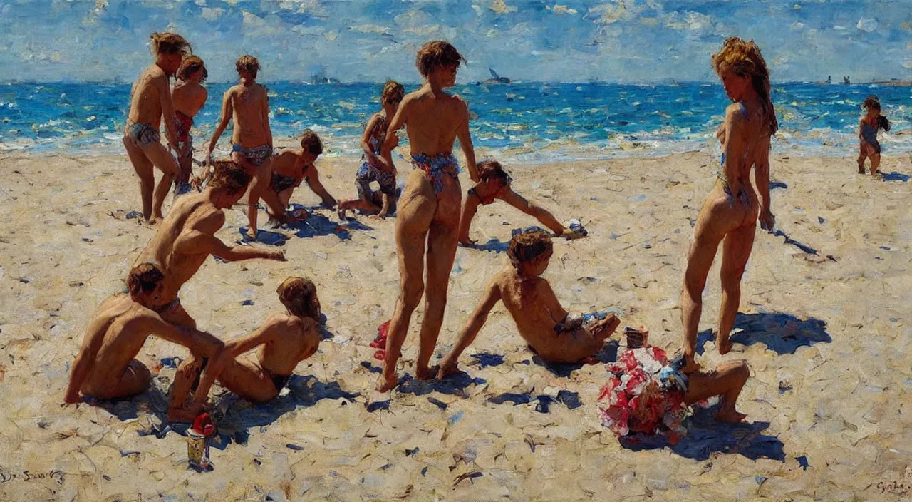 Prompt: on the beach, painting by denis sarazhin