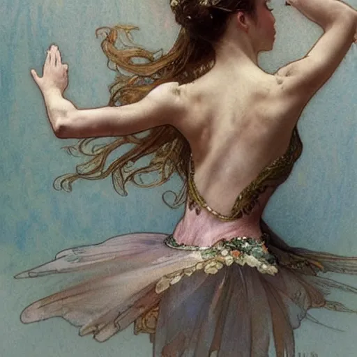 Image similar to a beautifull intricate watercolour painting of a dancing ballerina, reflexions, verry high details by william turner art, greg rutkowski and alphonse mucha, trending on artstation, very very detailed, masterpiece, muted colors