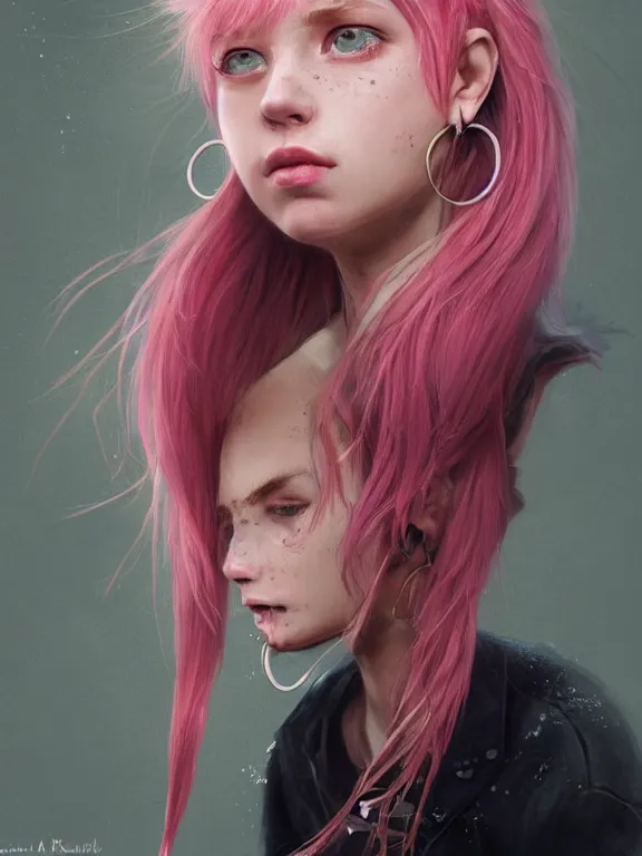 Image similar to beautiful russian girl with cute freckles and short faintly colored in pink hair and septum piercing, thin round earrings, winds of winter, au naturel, hyper detailed, digital art, trending in artstation, cinematic lighting, studio quality, smooth render, octane rendered, concept art, sharp focus, illustration, art by artgerm and greg rutkowski and wlop