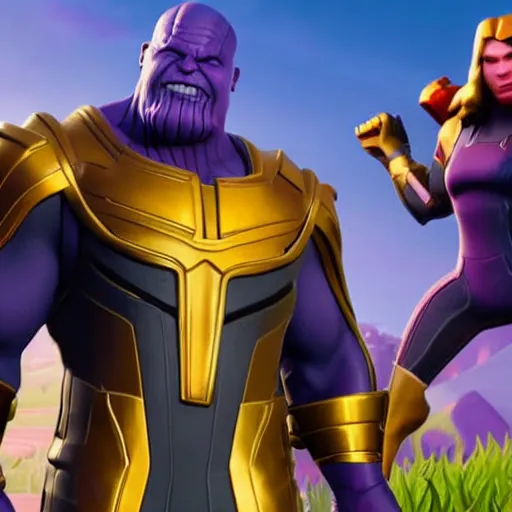 Image similar to a dramatic picture of thanos in fortnite, stunning screenshot