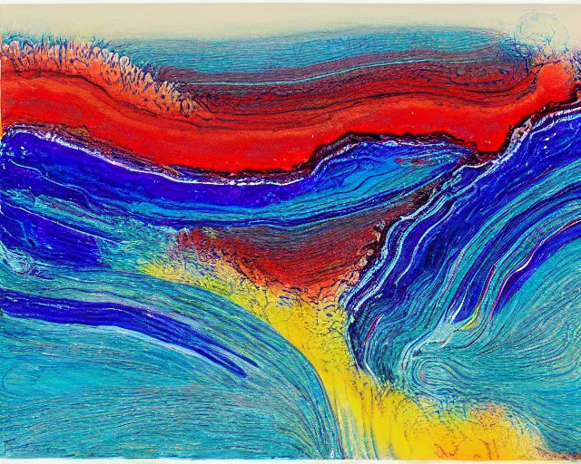 Image similar to Ocean waves in a psychedelic dream world. DMT. Curving rivers. Craggy mountains. Landscape painting by Wayne Thiebaud. Zao Wou-ki. Minimalist.