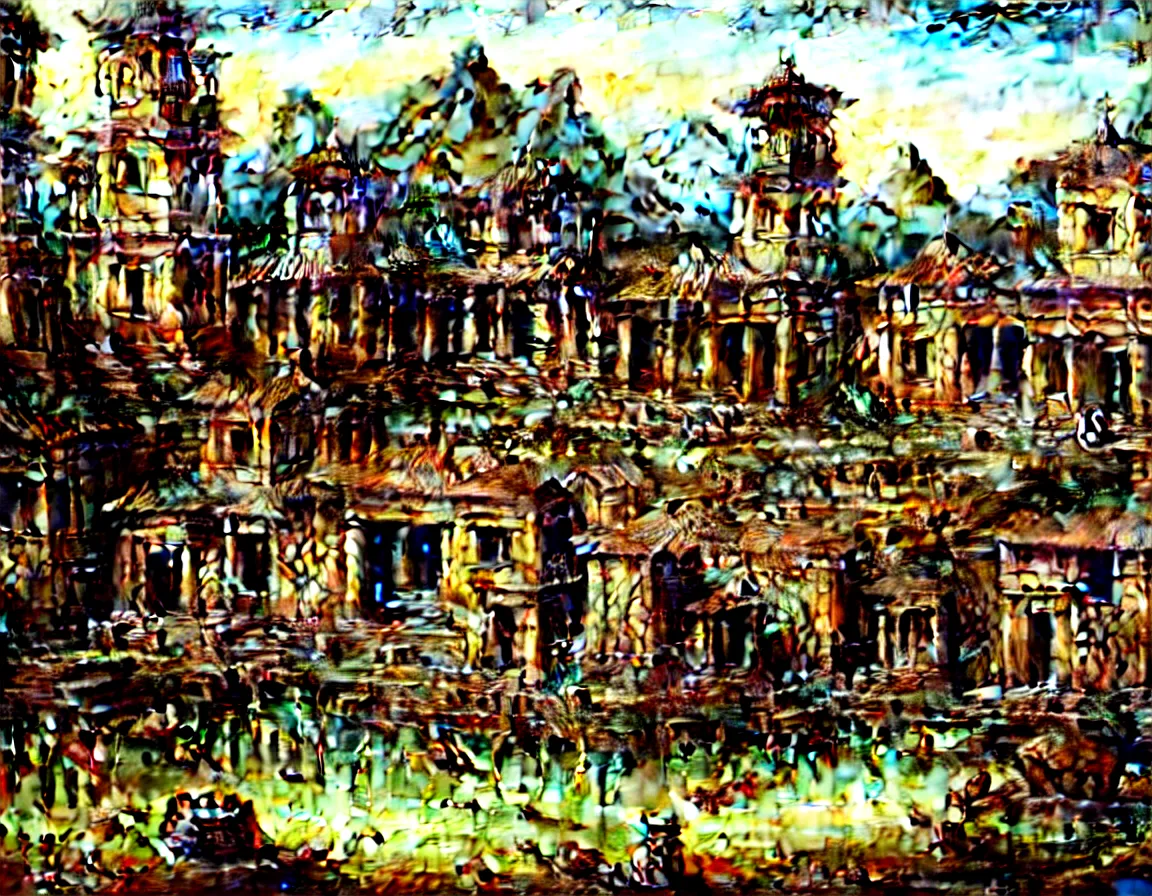 Prompt: hyper realistic detailed oil painting of ancient forgotten town of shangrila, 8 k ultra hd, sharp focus, by jan matejko