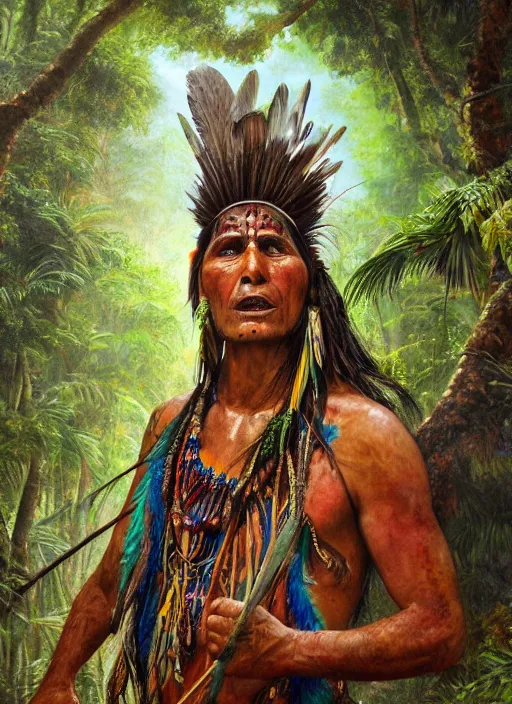 Image similar to a beautiful painted portrait of an indigenous shaman chanting in the jungle, matte painting, fantasy art, ayahuasca