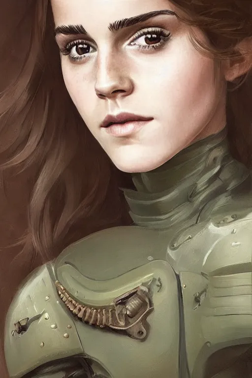 Image similar to a professionally painted portrait of a beautiful Emma Watson, clothed in military armor, olive skin, long dark hair, beautiful bone structure, symmetrical facial features, intricate, elegant, digital painting, trending on Artstation, concept art, smooth, sharp focus, illustration, from Metal Gear by Ruan Jia and Mandy Jurgens and Artgerm and William-Adolphe Bouguerea, award winning