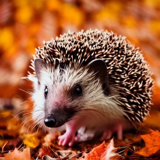 Image similar to hedgehog in the style of tom chambers, warm colours, autumn colours, cinematic lighting, front profile