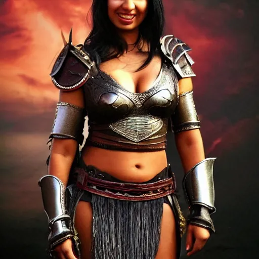 Prompt: Jameela Jamil dressed as Xena, full body shot, epic, dramatic light, volumetric light, sharp focus