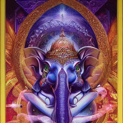 Prompt: artstation, intricate details, hyper details, by gilbert williams, deva ganesha in their palace and sacred realm, eastern mysticism, spiritual alchemy, esoteric, ether, 5 th element, dark energy dark matter, hermetic,