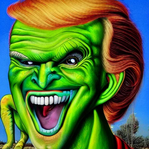 Image similar to president trump is a smiling laughing bright green lizard person, airbrush painting, hyper detailed, 8 k.