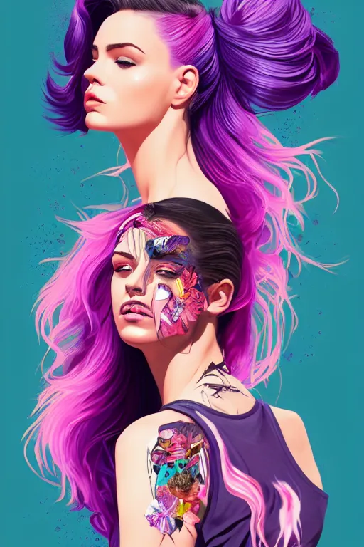 Image similar to a award winning half body porttrait of a beautiful woman in a croptop with ombre purple pink teal hairstyle with head in motion and hair flying by sandra chevrier, outrun, vaporware, illustration, digital art, trending on artstation, highly detailed, fine detail, intricate